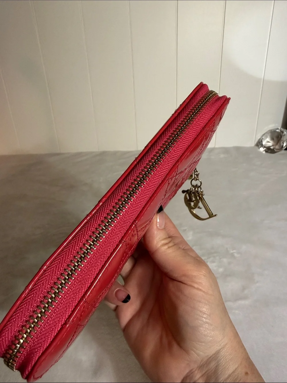 Dior Lady Dior Cannage Patent Leather Zip Around Wallet w/detachable Dior charm